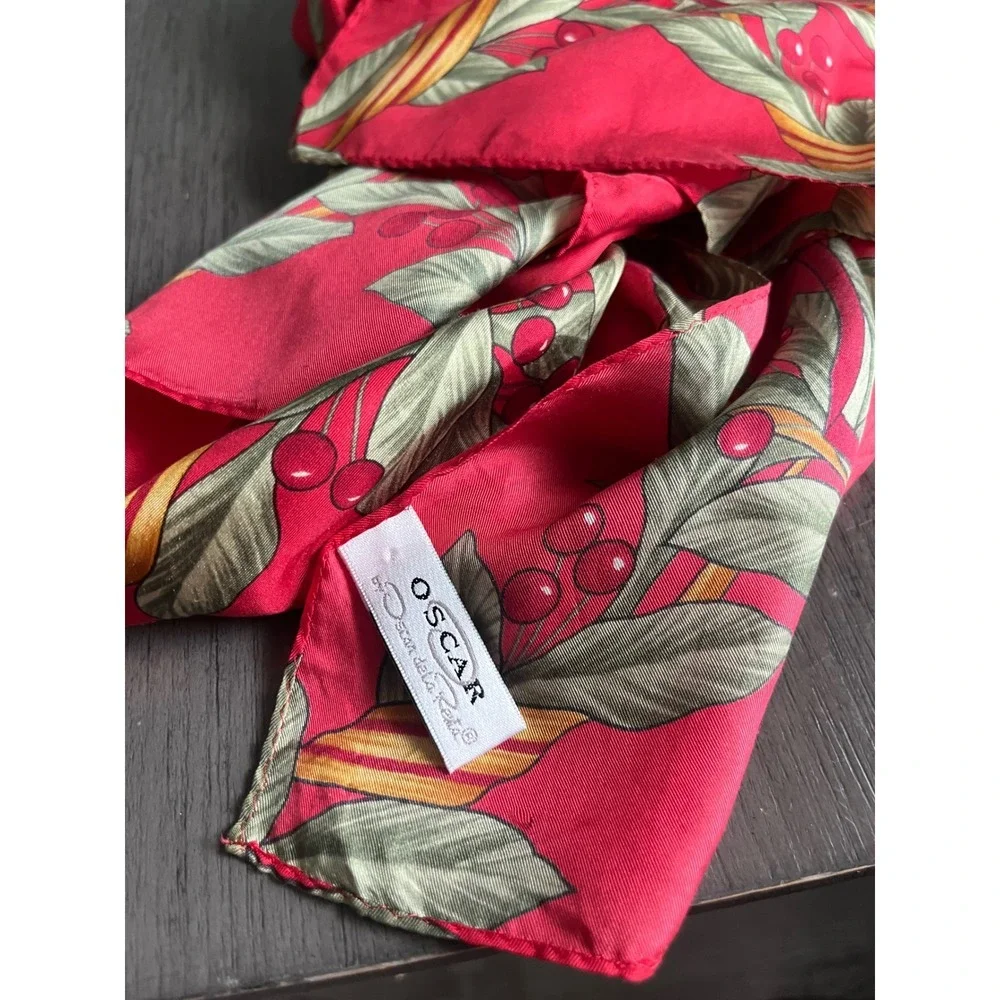 Oscar de la Renta Silk Scarf Red Cherry Botanical Print Square Hand Rolled Edge